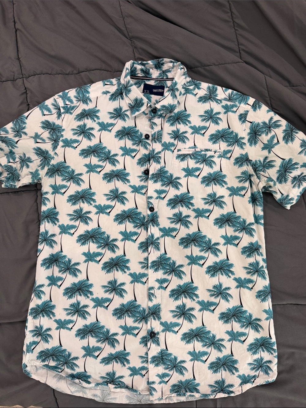 Casual Short-Sleeve Palm-Print Button-Down Shirt - Teal/White
